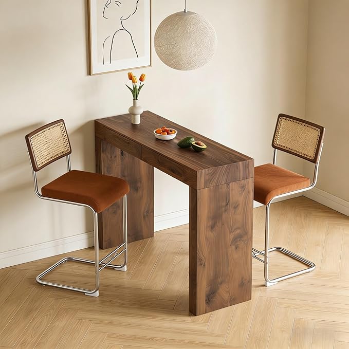 Counter Height Dining Set with Rattan Back Stools,Bar Table with 2 Drawers,Upholstered Kitchen Island Chairs,Chrome Cantilever Frame,Modern Furniture for Dining Room (Walnut Table,2 Coffee Chairs)
