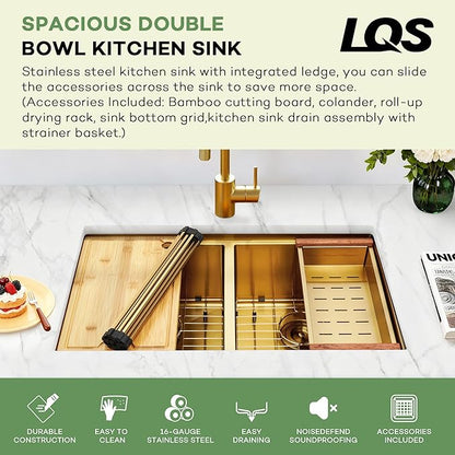 LQS Brushed Gold Kitchen Sink 32 Inch, 16 Guage Stainless Steel Undermount Gold Double Kitchen Sink with Smart Workstation, Luxury Golden Accessories for Modern Kitchen Style