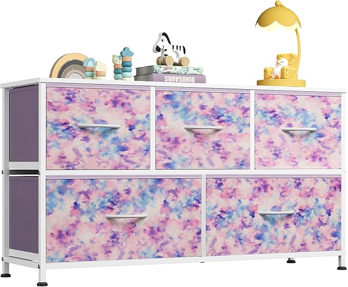 WLIVE Dresser for Bedroom with 5 Drawers, Wide Chest of Drawers, Fabric Dresser, Storage Organizer Unit with Fabric Bins for Closet, Living Room, Hallway, Tie-dye Print (Pink, Purple, Blue)