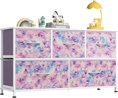 WLIVE Dresser for Bedroom with 5 Drawers, Wide Chest of Drawers, Fabric Dresser, Storage Organizer Unit with Fabric Bins for Closet, Living Room, Hallway, Tie-dye Print (Pink, Purple, Blue)