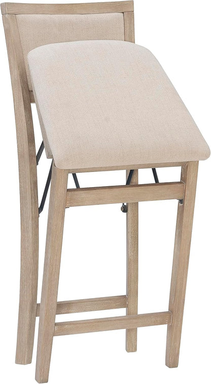 Linon Keira Natural Rustic Wooden Folding 25 Inch Seat Height Counter Stool with Beige Upholstered Seat and Back