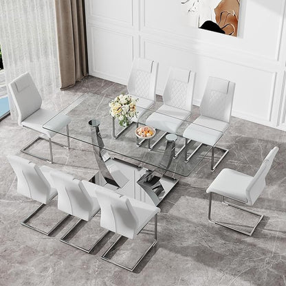 71” Glass Dining Table for 6-8, Modern Dining Room Table with 0.4” Thick Tempered Glass Top, Sturdy Silver Kitchen Table with Metal U-Shaped Legs for Kitchen Dining Room