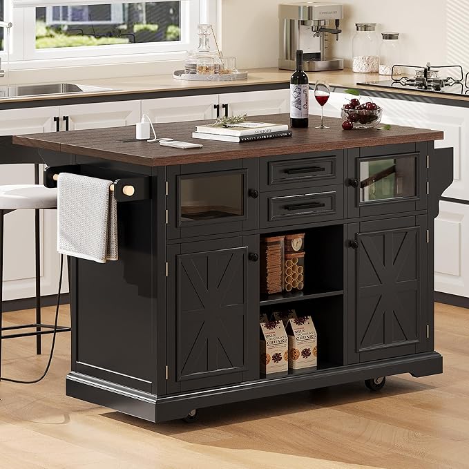 RUNNA 54.9" Kitchen Island with Drop Leaf,Power Outlet,Storage Cart with 4 Door Shelves,Cross Barn Doors & Visual Glass Door,Rolling on 4 Wheels,Dining Room (Black#77)