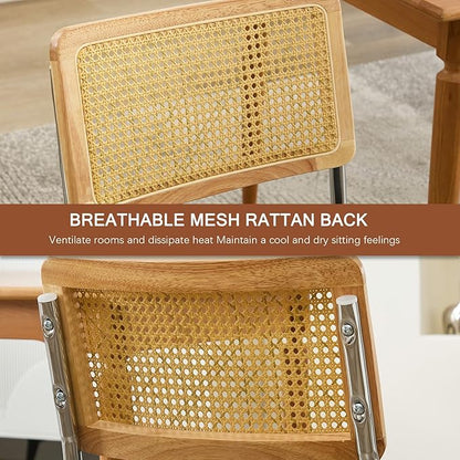 Rattan Back Linen Dining Chair Set of 2 Modern Stainless Chrome Base Armless Upholstered Side Chair for Dining Room, Kitchen Island,Black