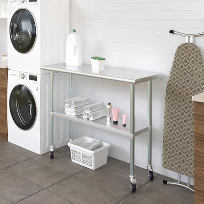 Stainless Steel Work Table with Wheels | NSF Kitchen Island Food Prep | Laundry Garage Utility Bench (Table + Wheels, 48" Long x 18" Deep)