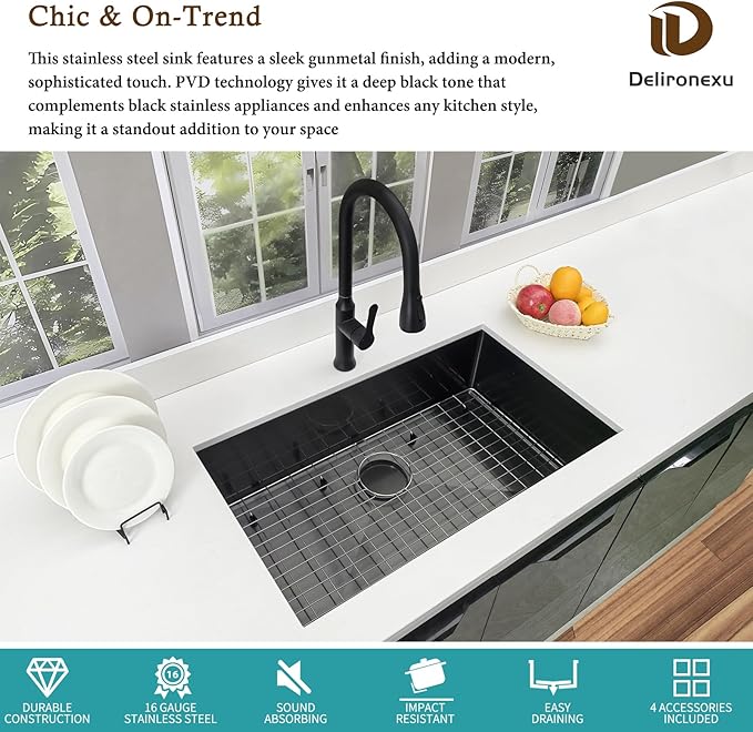32 Inch Black Kitchen Sink Undermount - Delironexu Undermount Kitchen Sink Black, 16 Gauge Stainless Steel Sinks Single Bowl, 32''x19'' black Stainless Steel sink with 4 Accessories