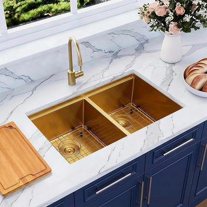 32 Inch Gold Sink Undermount Double Bowl, 16 Gauge 50/50 Double Bowl Stainless Steel Workstation Sink, 32"x19"x10" Large and Deep Kitchen Sink With Accessories