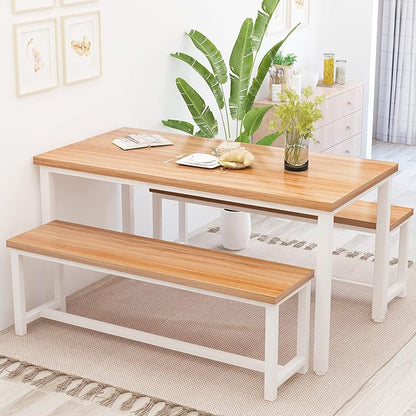 Recaceik Dining Table Set with Bench, 3 Pieces Dining Furniture Set Kitchen Table Set Sturdy Structure Space-Saving Dinette for Kitchen, Dining Room Breakfast Nook, Living Room, Beige