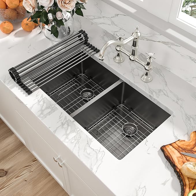 Sarlai 33 Inch Black Undermount Kitchen Sink Double bowl- 33x19 Undermount Double Bowl Kitchen Sink Gunmetal Black Stainless Steel 16 Gauge Sink 50/50 Under Counter Sinks Basin with Accessories