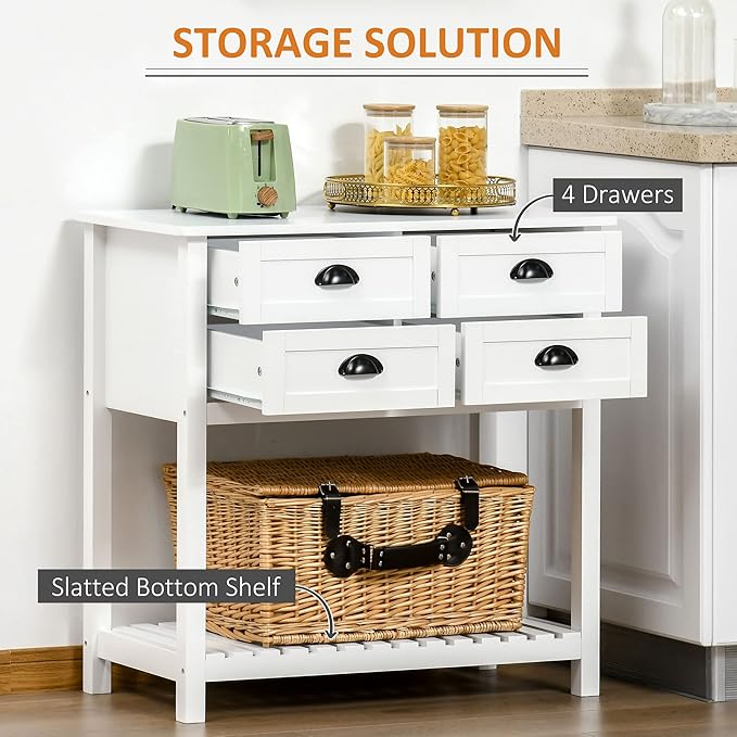 HOMCOM Sideboard Buffet Cabinet with Storage, Modern Coffee Bar Cabinet with 4 Drawers and Slatted Bottom Shelf, Console Table for Kitchen, Living Room, Dining Room, Hallway, White