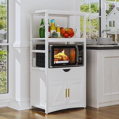 VECELO 2-Tier Kitchen Pantry Storage Cabinet with Charging Station, Freestanding Tall Cupboard with Wider and Taller Microwave Space, Farmhouse Style with Shelves and Drawer,White
