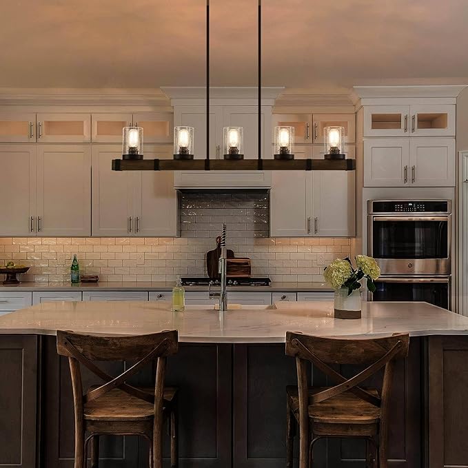 LALUZ 5-Light Kitchen Island Lighting, Farmhouse Wood Linear Dining Room Chandelier Over Table with Seeded Glass Shade, 42.9'' Large Rustic Wooden Chandeliers Light Fixtures for Dining Room