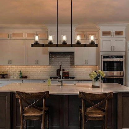 LALUZ 5-Light Kitchen Island Lighting, Farmhouse Wood Linear Dining Room Chandelier Over Table with Seeded Glass Shade, 42.9'' Large Rustic Wooden Chandeliers Light Fixtures for Dining Room