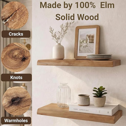PERFNIQUE 24 Inch Floating Shelves Set of 2, Solid Elm Wood Rustic Live Edge Wall Decor Shelves - Invisible Bracket Mount for Living Room, Kitchen, Bathroom, Natural.