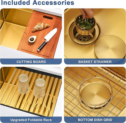 Gold Undermount Kitchen Sink 23 inch,Single Bowl Undermount Sink 16 gauge Stainless Steel,Workstation Kitchen Sinks with Gold Accessories (23" X 18")