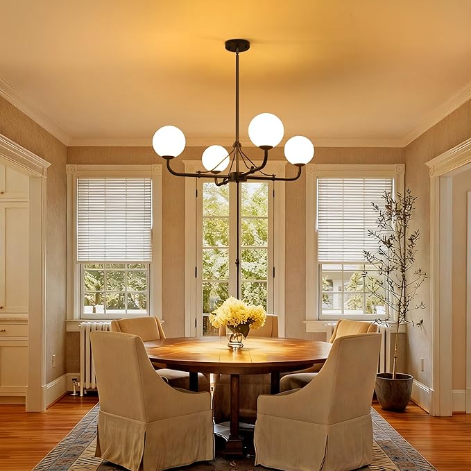 Klgxnrd 4 Lights Black Chandelier, Mid Century Modern Chandeliers for Dining Room, Hanging Sputnik Light Fixture for Living Room Kitchen Island Foyer Bedroom, Milk White Globe Glass Shade