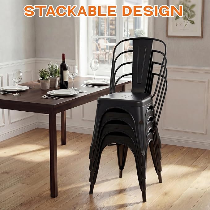 Shahoo Metal Dining Chairs Classic Iron Stackable Industrial Vintage Trattoria with Back, Indoor-Outdoor Side Settee for Home Bistro Cafe Kitchen Restaurant Set of 4, Black