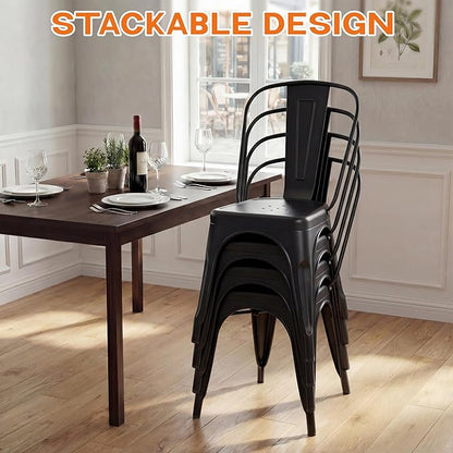 Shahoo Metal Dining Chairs Classic Iron Stackable Industrial Vintage Trattoria with Back, Indoor-Outdoor Side Settee for Home Bistro Cafe Kitchen Restaurant Set of 4, Black