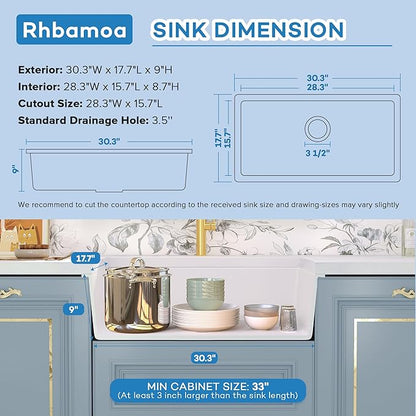 Rhbamoa 30 Inch White Undermount Kitchen Sink,White Granite Composite Kitchen Sink 30''x18'',9 Inch Depth Quartz Sinks with Accessories