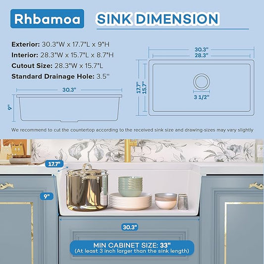 Rhbamoa 30 Inch White Undermount Kitchen Sink,White Granite Composite Kitchen Sink 30''x18'',9 Inch Depth Quartz Sinks with Accessories