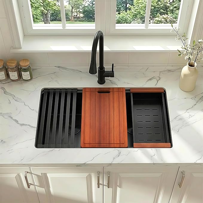 32 Inch Black Sink Undermount Double Bowl, 16 Gauge 50/50 Double Bowl Stainless Steel Workstation Sink, 32"x18"x10" Large and Deep Kitchen Sink With Accessories