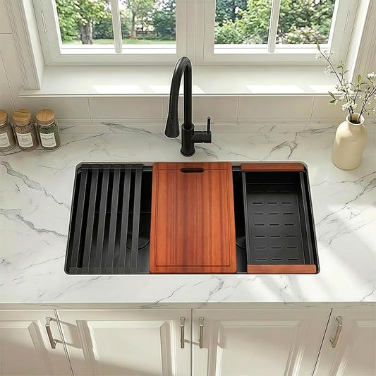 32 Inch Black Sink Undermount Double Bowl, 16 Gauge 50/50 Double Bowl Stainless Steel Workstation Sink, 32"x18"x10" Large and Deep Kitchen Sink With Accessories