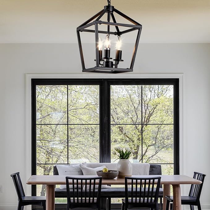 3-Light Black Pendant Lights Kitchen Island, 11 Inch Farmhouse Pendant Light, Adjustable Height Iron Lantern Black Pendant Light Fixtures, Cage Farmhouse Chandelier Island Lights for Kitchen Foyer