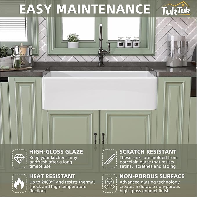 TUKTUK White Farmhouse Sink 33X20 Fireclay Farm Sink for Kitchen Apron Undermount Kitchen Sink Single Bowl Big Capacity Deep Drop-in Modern Kitchen Sink with Luxury Bottom Grid & Strainer Drain