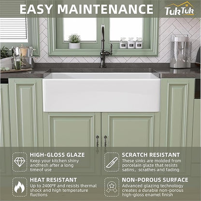TUKTUK White Farmhouse Sink 33X20 Fireclay Farm Sink for Kitchen Apron Undermount Kitchen Sink Single Bowl Big Capacity Deep Drop-in Modern Kitchen Sink with Luxury Bottom Grid & Strainer Drain