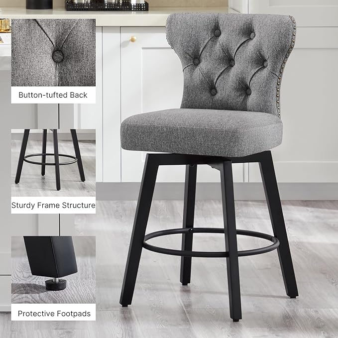 KISLOT Counter Height Barstools 26 inch Upholstered Button Tufted Swivel Bar Stools with Back for Kitchen Island,Set of 4,Dark Grey Fabric
