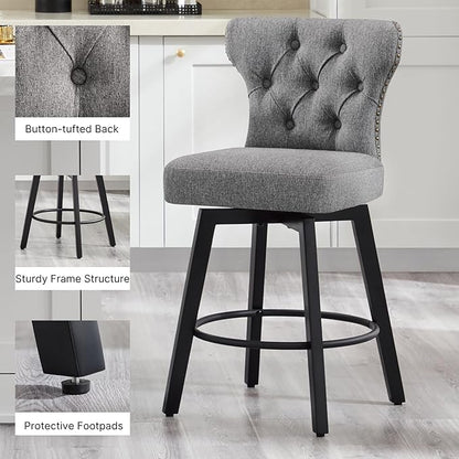 KISLOT Counter Height Barstools 26 inch Upholstered Button Tufted Swivel Bar Stools with Back for Kitchen Island,Set of 2,Dark Grey Fabric