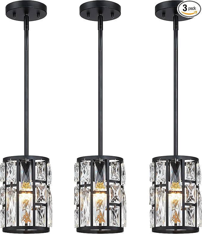 MEXO Modern Crystal Pendant Light Fixture 3-Pack Matte Black Finish Hanging Lighting Crystal Chandelier for Living Room, Kitchen, Hallway