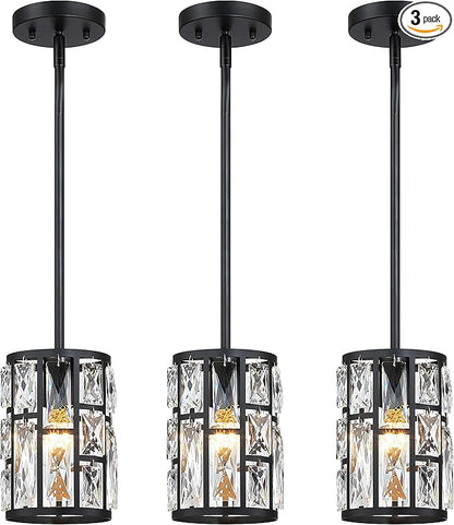 MEXO Modern Crystal Pendant Light Fixture 3-Pack Matte Black Finish Hanging Lighting Crystal Chandelier for Living Room, Kitchen, Hallway
