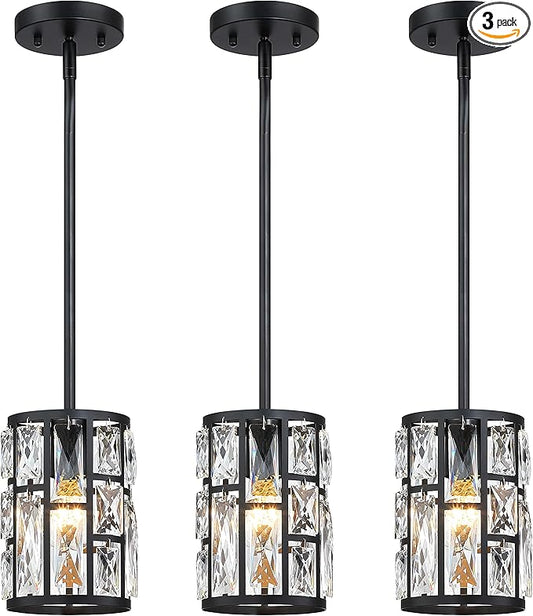 MEXO Modern Crystal Pendant Light Fixture 3-Pack Matte Black Finish Hanging Lighting Crystal Chandelier for Living Room, Kitchen, Hallway