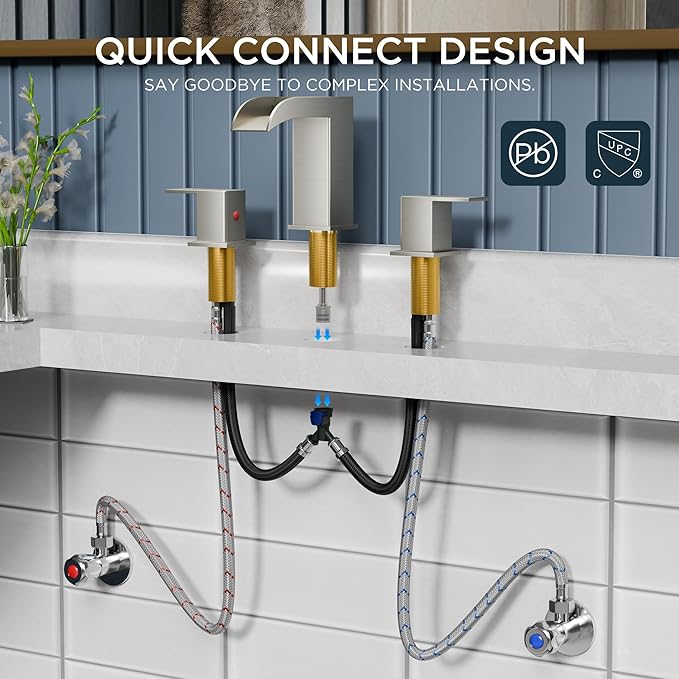 QFN Brushed Nickel Bathroom Faucet 3 Hole, 8 Inch Widespread Square Bathroom Sink Faucet with Metal Pop-up Drain and 24" CUPC Supply Line, Lead-Free 2 Handles for Vanity, Restroom, Lavatory and Mall