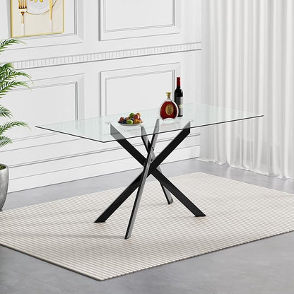 51.2" Glass Dining Table, Modern Kitchen Table for 4-6 People, Contemporary Rectangular Dining Room Dinner Tables with Clear Glass Top & Black Metal X Legs for Kitchen Apartment