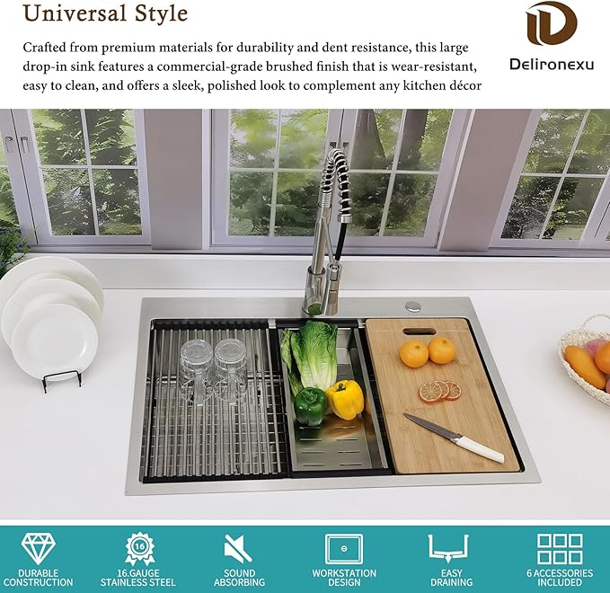 33x22 Drop In Kitchen Sink, Delironexu 33 Inch Kitchen Sink Workstation, 16 Gauge 304 Stainless Steel Top Mount Kitchen Sink Single Bowl with Accessories