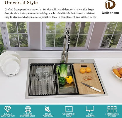33x22 Drop In Kitchen Sink, Delironexu 33 Inch Kitchen Sink Workstation, 16 Gauge 304 Stainless Steel Top Mount Kitchen Sink Single Bowl with Accessories