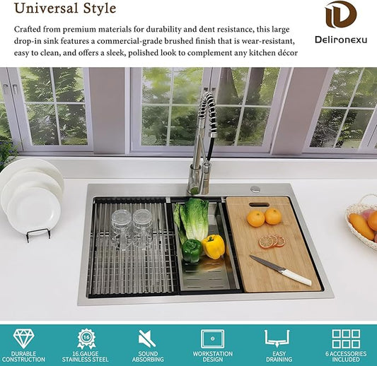 33x22 Drop In Kitchen Sink, Delironexu 33 Inch Kitchen Sink Workstation, 16 Gauge 304 Stainless Steel Top Mount Kitchen Sink Single Bowl with Accessories