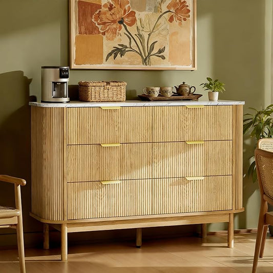 Pamapic Fluted Sideboard Buffet Cabinet, 47" Storage Cabinet with Curved Profile Design & Faux Marble Top, Modern Credenza with 6 Drawers, Wood Buffet Console Table for Living Room, Hallway, Natural