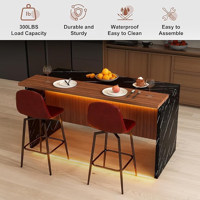Montary 63-inch Modern Kitchen Island and Dining Table Set with 2 Swivel Stools, Marble-Look Countertop with LED Lights and Metal Grille Design, for Kitchen, Living Room,Black & Brown