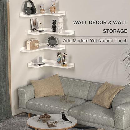 4 Tier Corner Floating Shelves Set of 4, Rustic Pine Wood Corner Shelves for Wall Storage and Decor, L-Shaped Corner Wall Mounted Shelf for Bedroom, Living Room, Bathroom, Kitchen – White