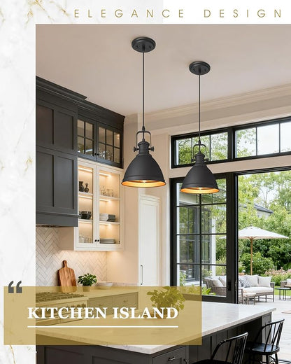 2-Pack Pendant Lights Kitchen Island, 8" Black Hanging Lights Fixtures with Metal Shade, Farmhouse Rustic Kitchen Pendant Lighting Over Island for Dining Room, AD-2151-2PM-BK