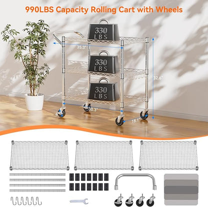 NTE 3 Tier Heavy Duty Rolling Utility Cart on Wheels, 990Lbs Capacity Rolling Wire Cart, Kitchen Carts on Wheels, NSF Commercial Metal Serving Cart with Handle and Shelf Liners for Kitchen, Restaurant