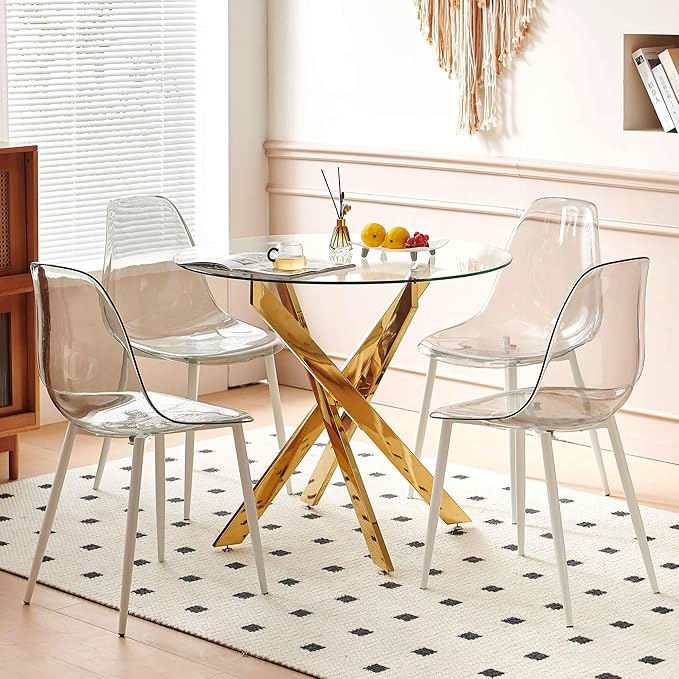 Round Glass Dining Table 35.4'' Inch Modern Round Kitchen Table with Metal Legs Durable Stylish Dinner Table for Dining Room Kitchen