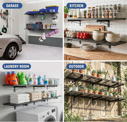 2 Pack Garage Wall Shelf, Heavy Duty Garage Shelving, 46"X 12.5" Wall Mounted Floating Shelves, Metal Hanging Storage Rack with 8 Hooks, Utility Organizer Max Load 320 LBS for Laundry Room, Workshop