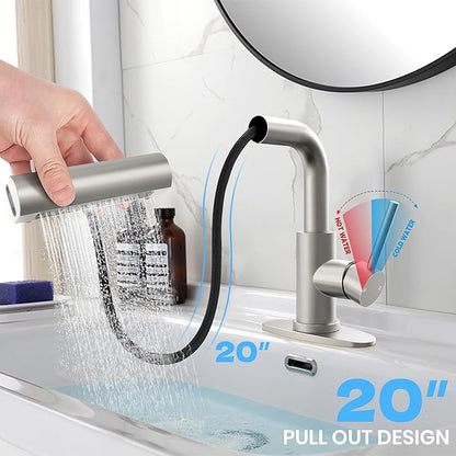 Brushed Nickel Bathroom Faucet with Sprayer - Brushed Nickel Bathroom Faucets for Sink 1 Hole or 3 Holes, 4 Mode Single Handle Vanity Faucet Waterfall Bathroom Faucet with Pull Down Sprayer (No Drain)