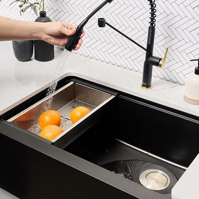 Stylish 30 x 21 Inch Farmhouse Composite Granite Apron Front Workstation Kitchen Sink, Single Bowl Undermount/Flush-Mount, 10 in Deep, with Cutting Board, Colander & Strainer, Black, S-830WN