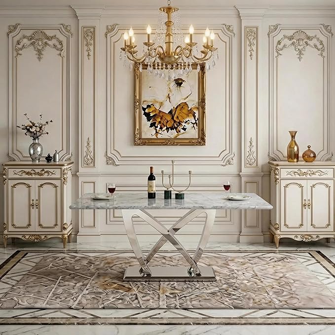 70" Faux Marble Dining Table for 6-8 People, Modern Rectangular Kitchen Table with Gold Mirror Finish Stainless Steel Base, Large Dining Room Table (Silver + Grey, Type2 + 70" Rectangle)