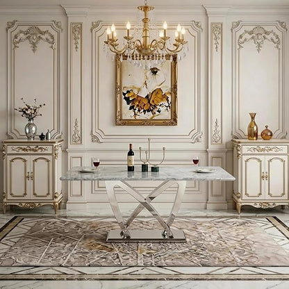 70" Faux Marble Dining Table for 6-8 People, Modern Rectangular Kitchen Table with Gold Mirror Finish Stainless Steel Base, Large Dining Room Table (Silver + Grey, Type2 + 70" Rectangle)